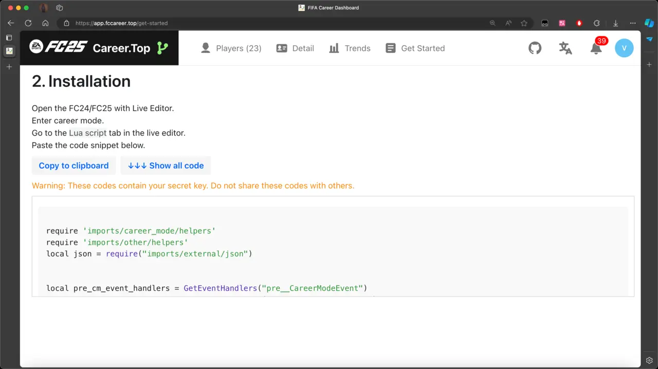 Get Started page with the account-specific Lua script and setup instructions