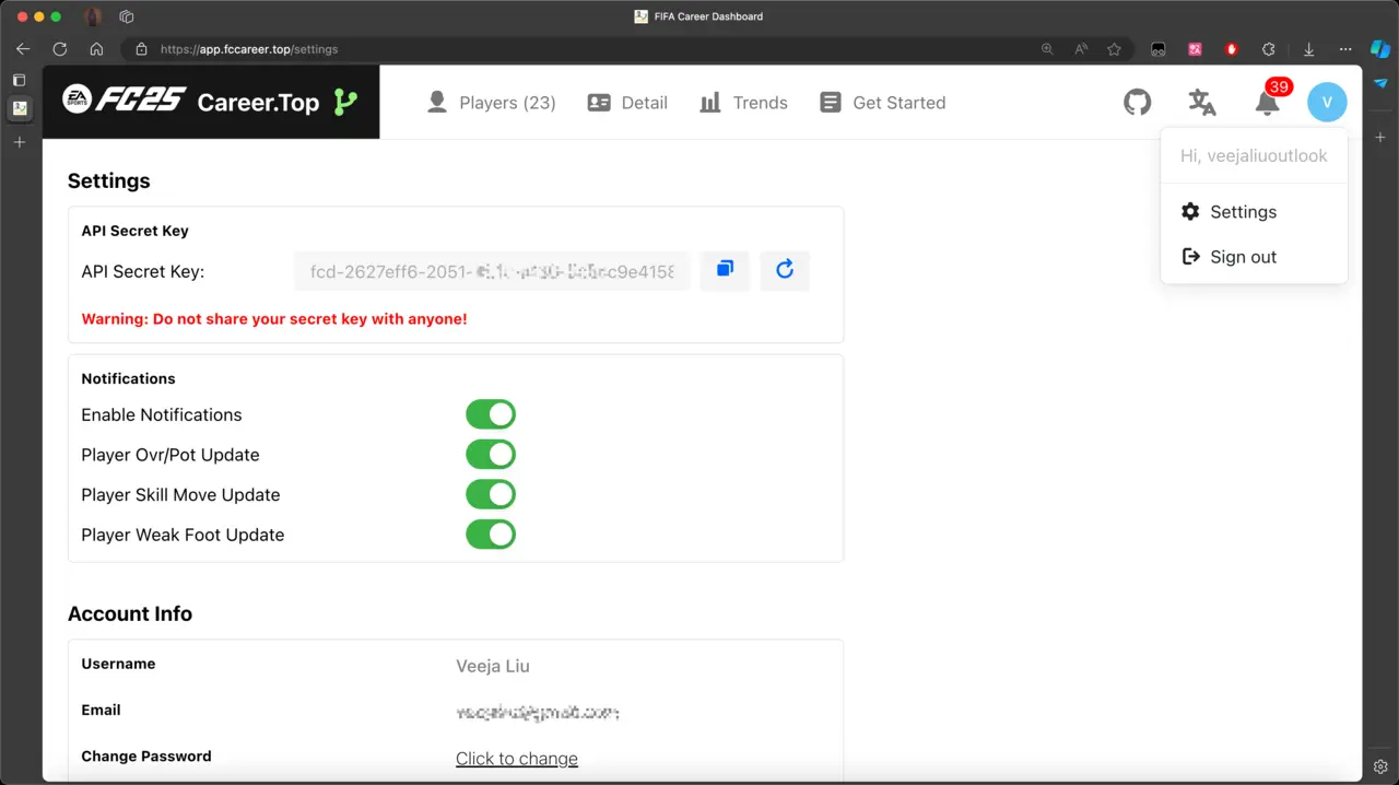 Account settings with notification preferences and API key controls